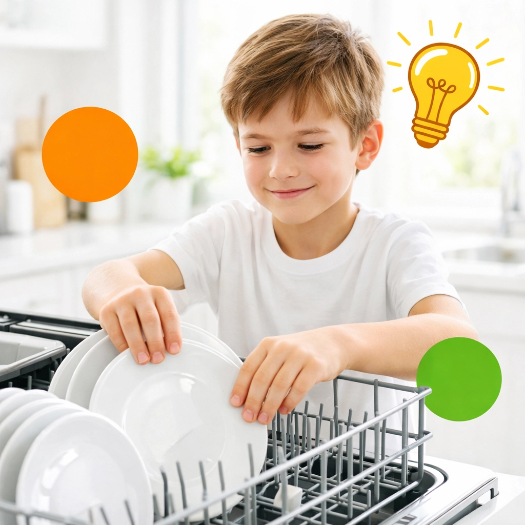 A young boy focused on loading a dishwasher, learning project management and life skills for kids through chores.