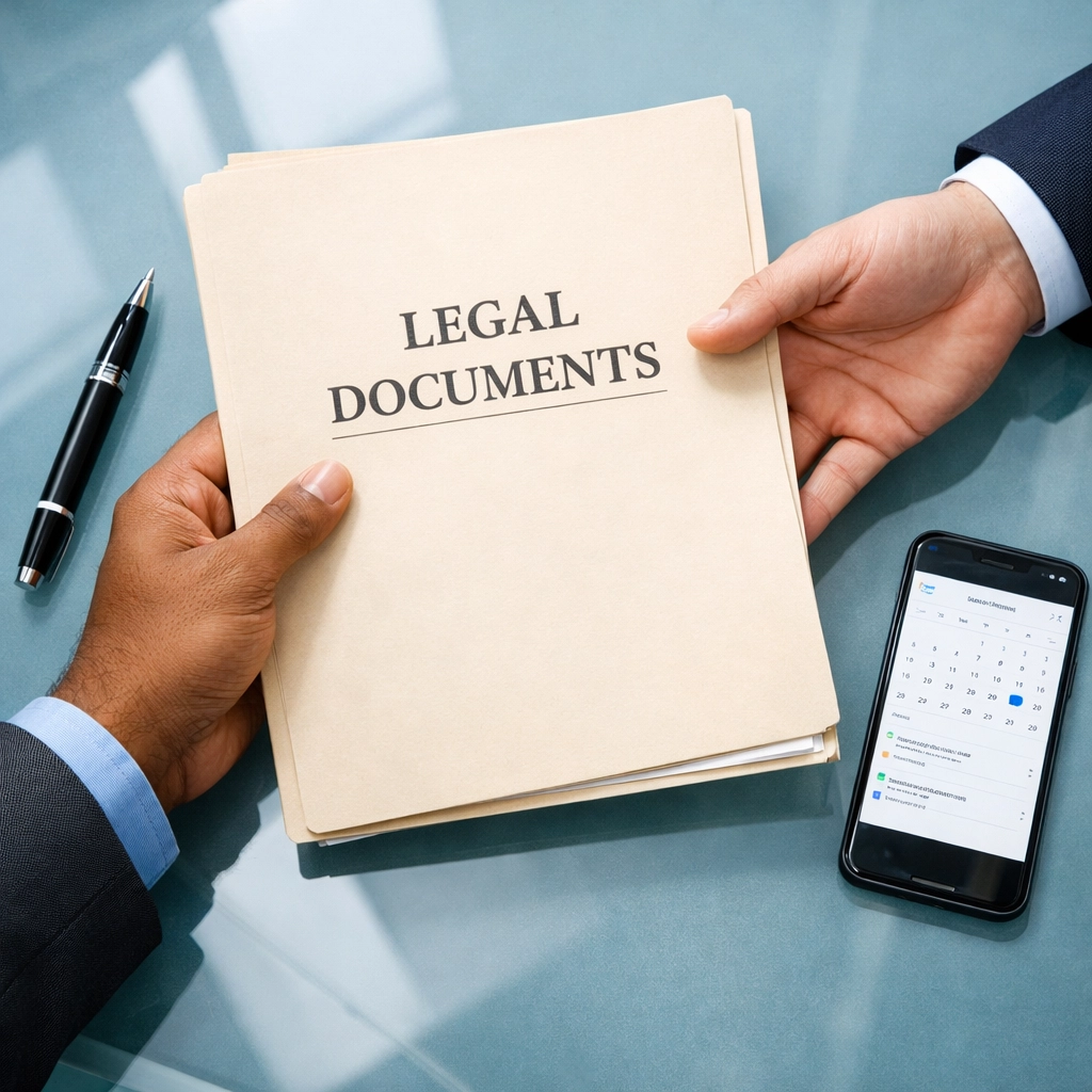 Client handing legal documents to a lawyer in Ludhiana to begin a professional legal partnership.