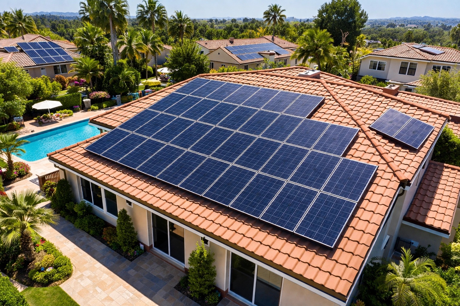Aerial view of a modern SoCal home with spotless solar panels, showcasing proper solar maintenance