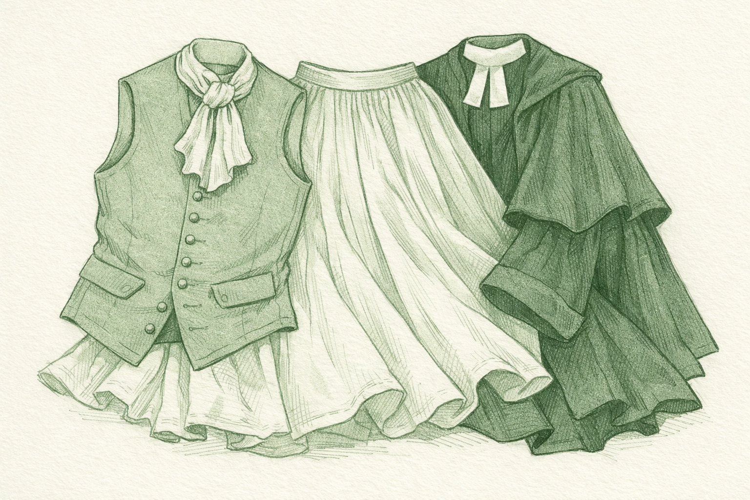 Androgynous colonial clothing combining masculine vest with flowing skirt and clerical robe