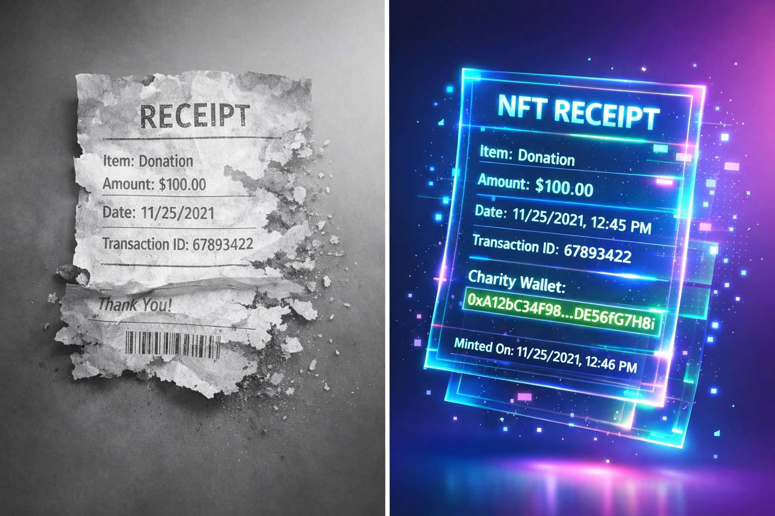 NFT receipt comparison showing blockchain transparency versus traditional paper receipts