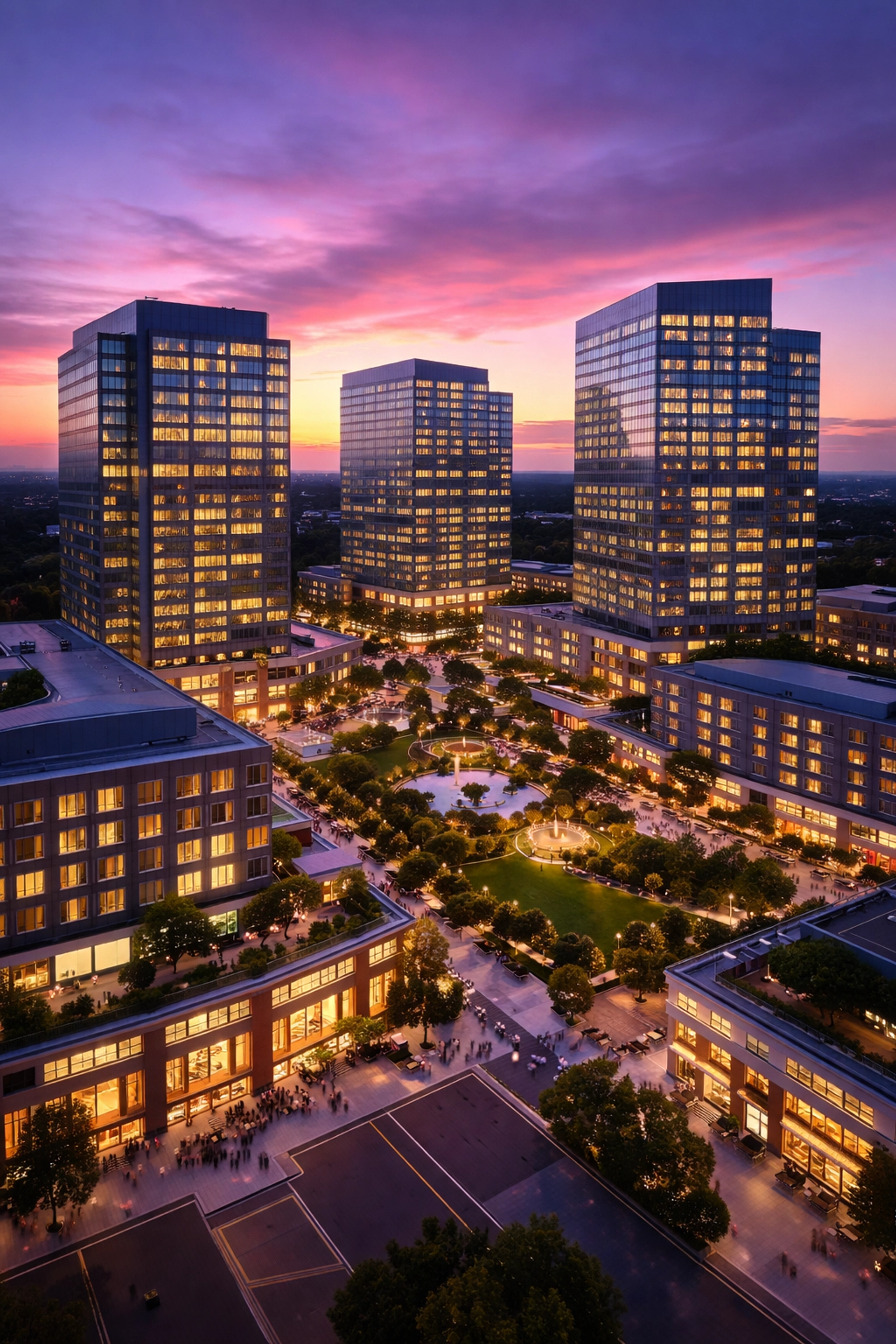 Aerial view of commercial real estate complex highlights institutional investment opportunities for accredited investors.