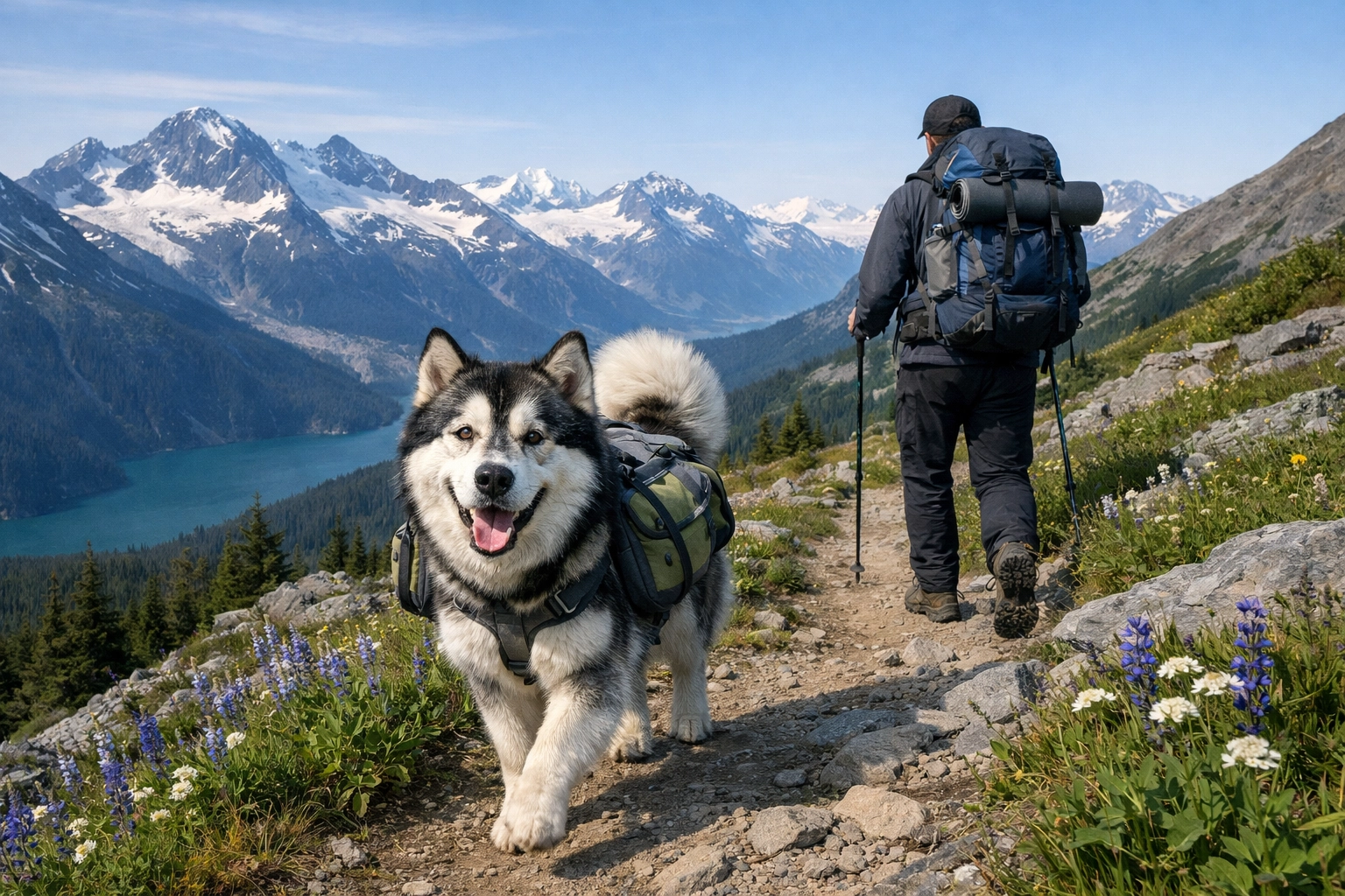 Alaskan Malamute hiking on mountain trail in Alaska wilderness with owner