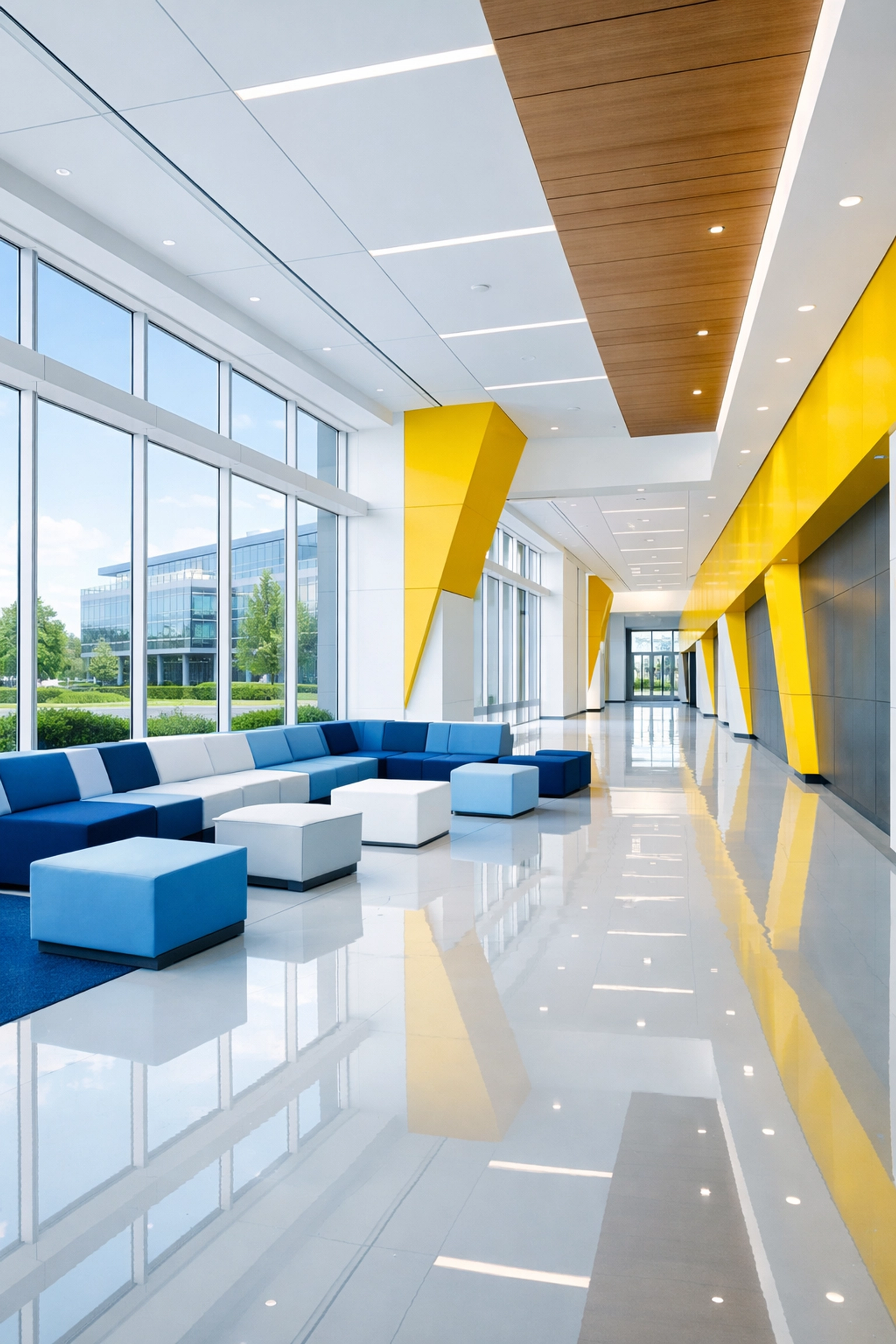 Immaculate innovation center corridor in Waltham with polished floors and modern architecture.