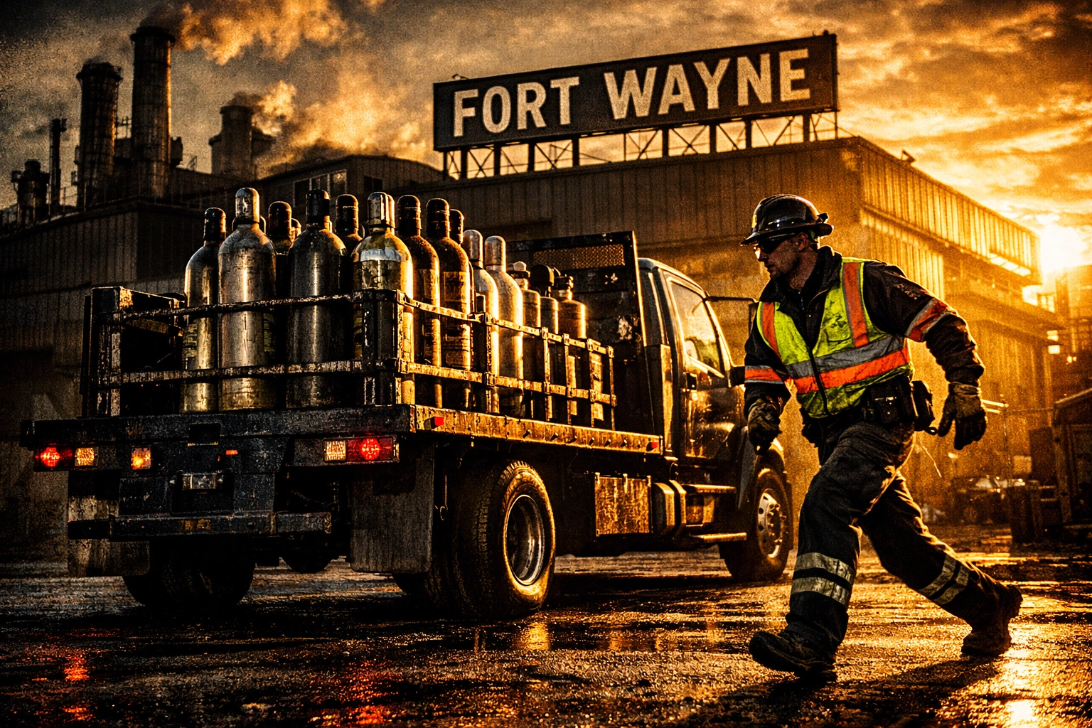 Same-day welding gas delivery truck in Fort Wayne carrying industrial cylinders to a construction site.