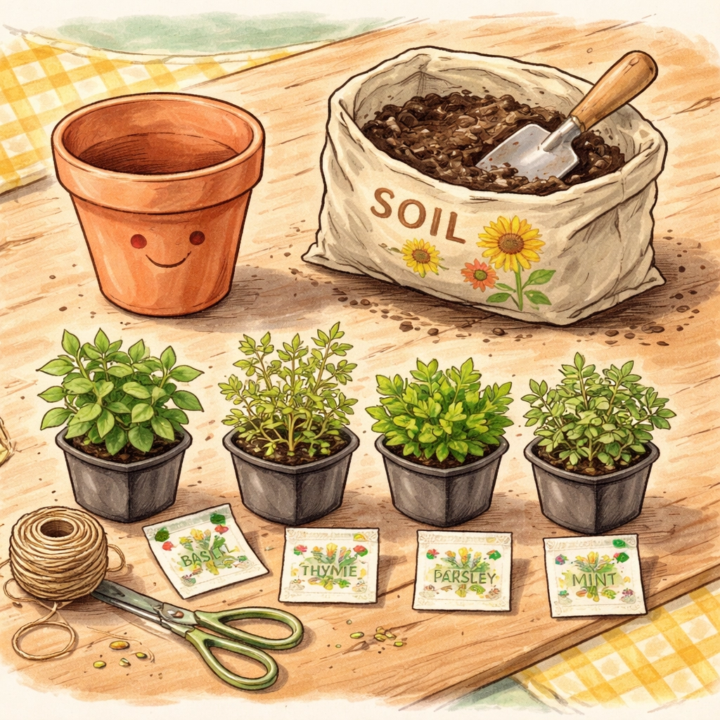 Top view of gardening supplies for a kids' Garden Perfume pot: terracotta pot, soil, trowel, and fragrant herb plants
