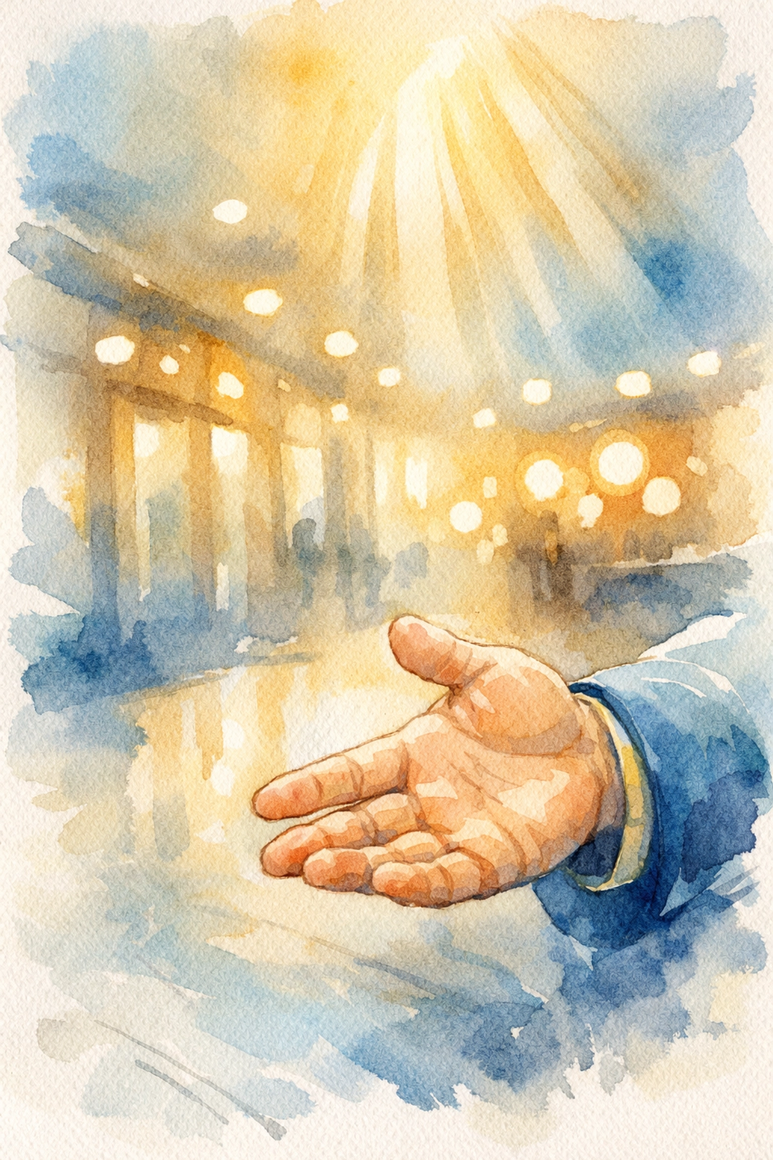 Church greeter extending welcoming hand in hospitality ministry