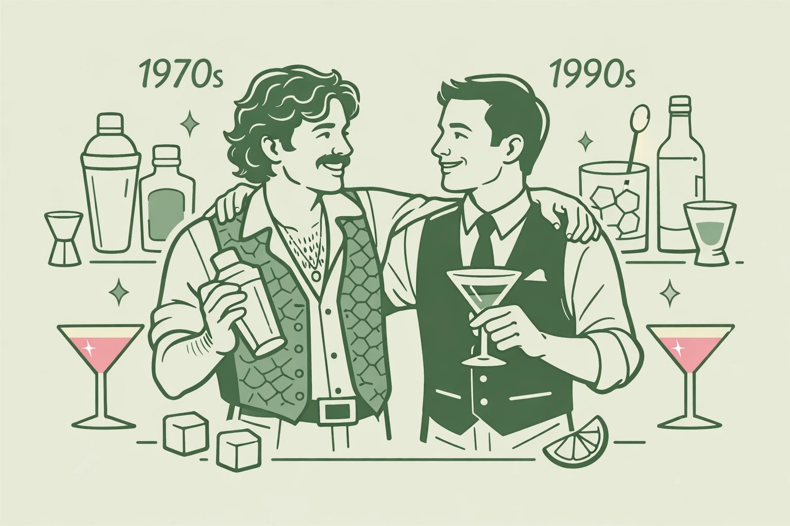 Gay bartenders from different eras sharing cocktail heritage
