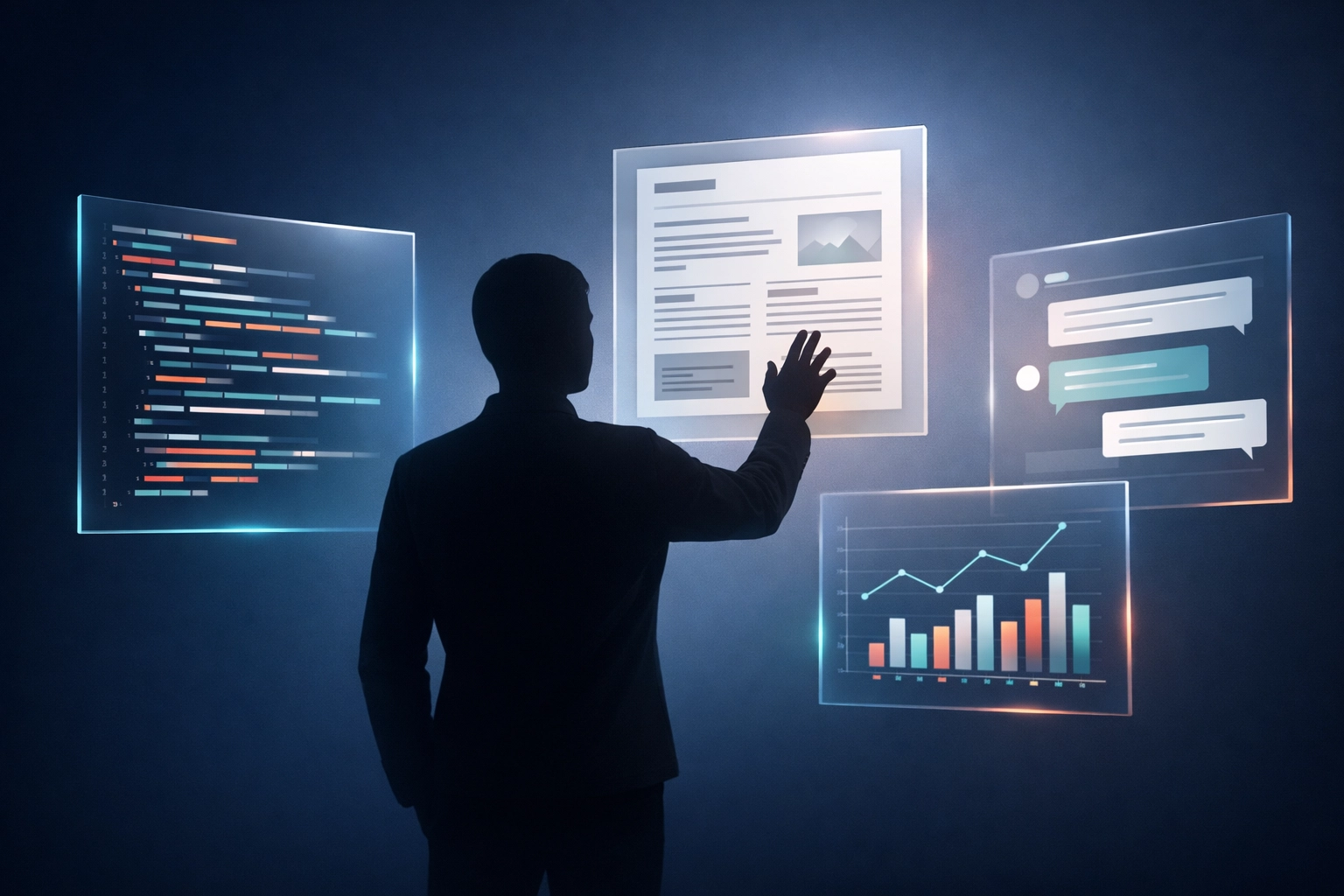 Solo founder silhouette orchestrating multiple AI automation systems and business workflows