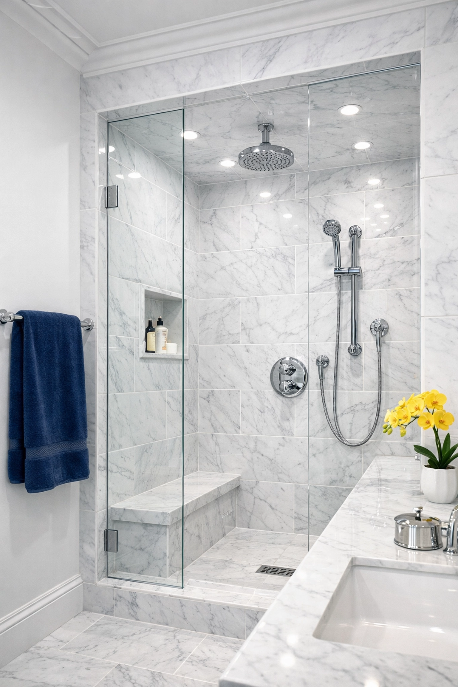 Immaculate marble shower and bright grout after a detailed deep cleaning Marlborough bathroom service.
