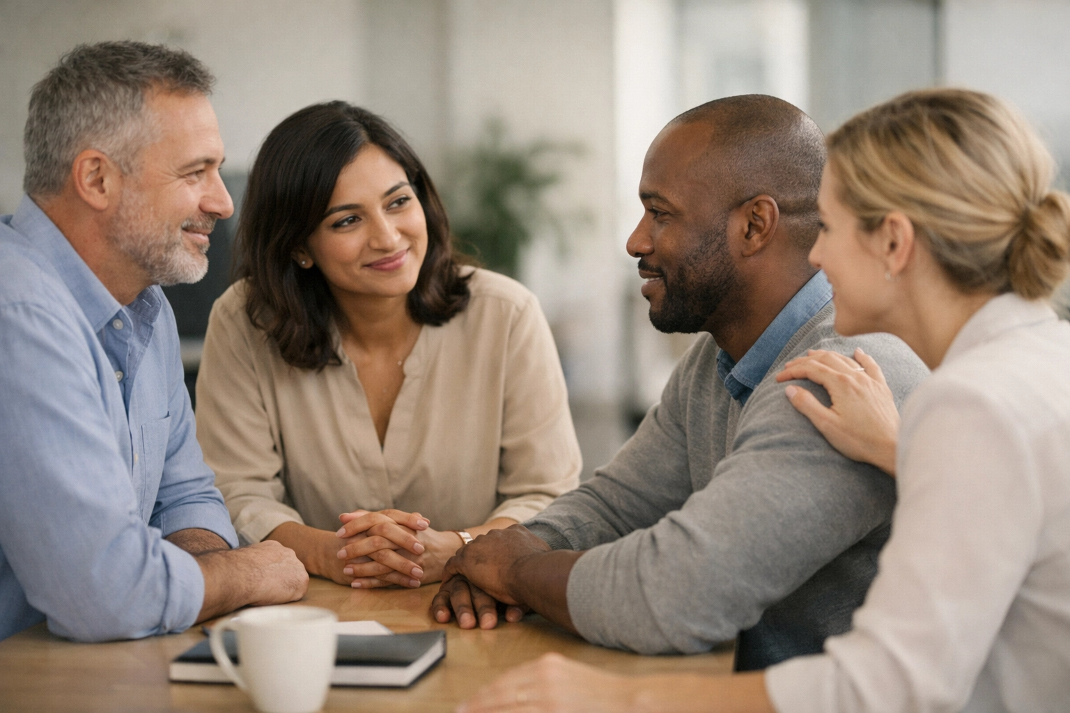 A diverse team sharing a supportive moment in a calm workplace setting, reinforcing trust and connection.