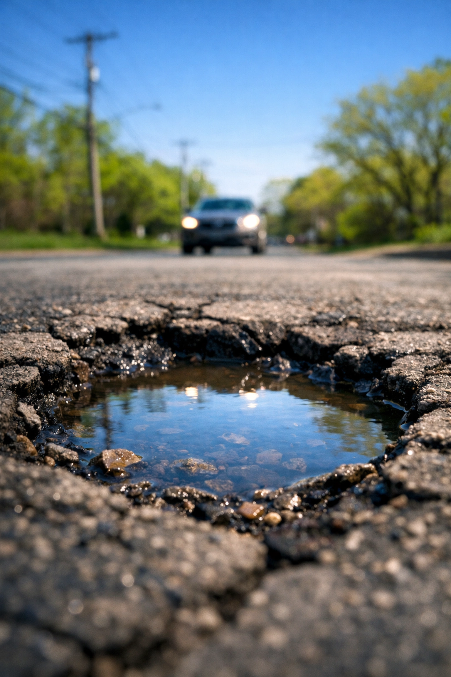 Deep road pothole illustrating the need for professional car suspension repair in Newport News, VA.