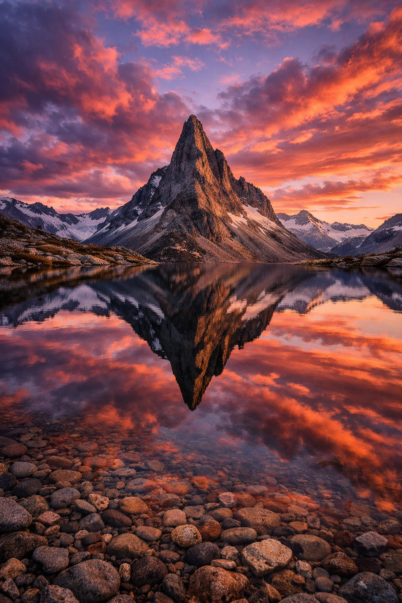 Vibrant mountain reflection in a still alpine lake at sunset, following landscape photography tips for dynamic range.