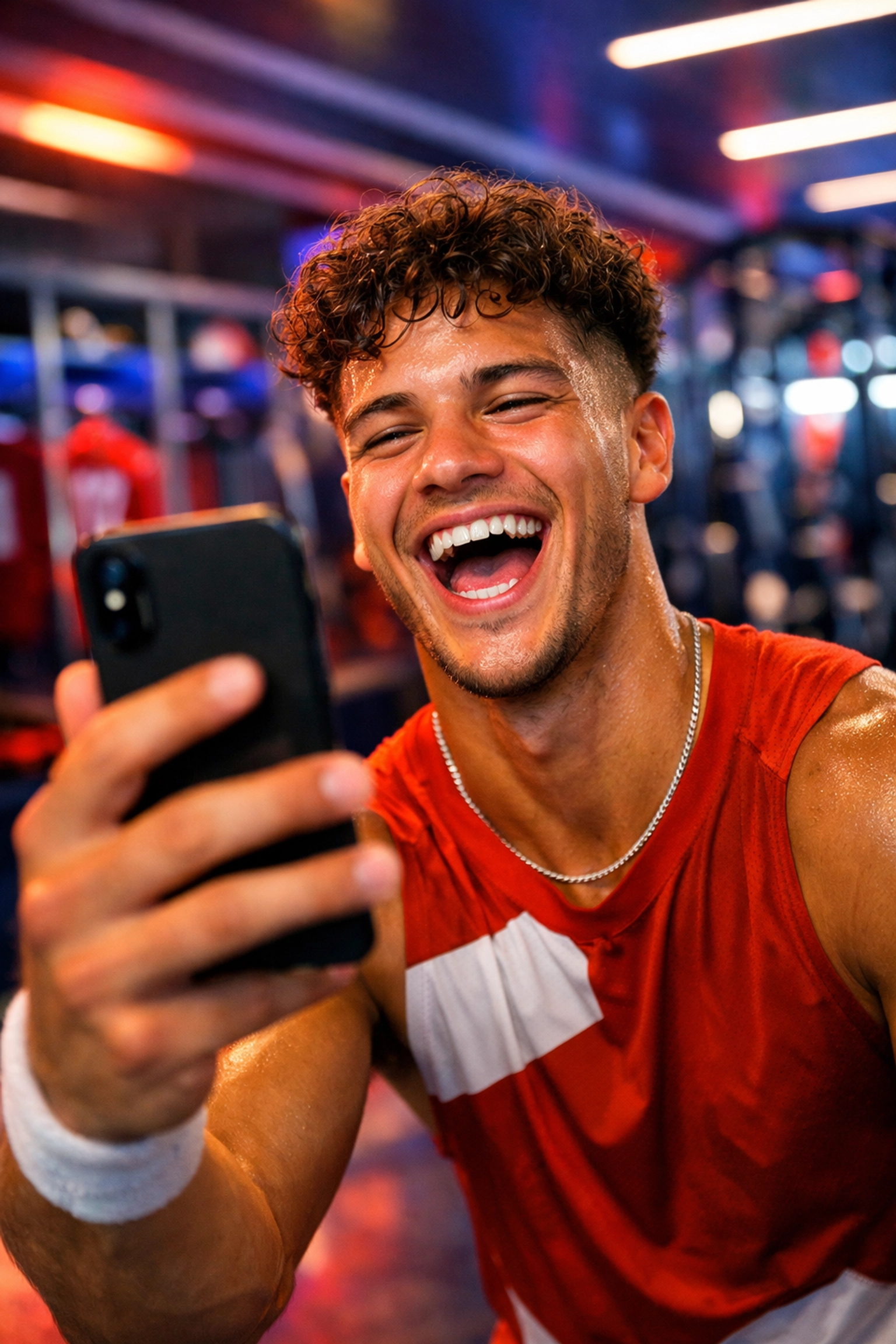 College athlete using a smartphone for high-engagement NIL marketing in a modern locker room.