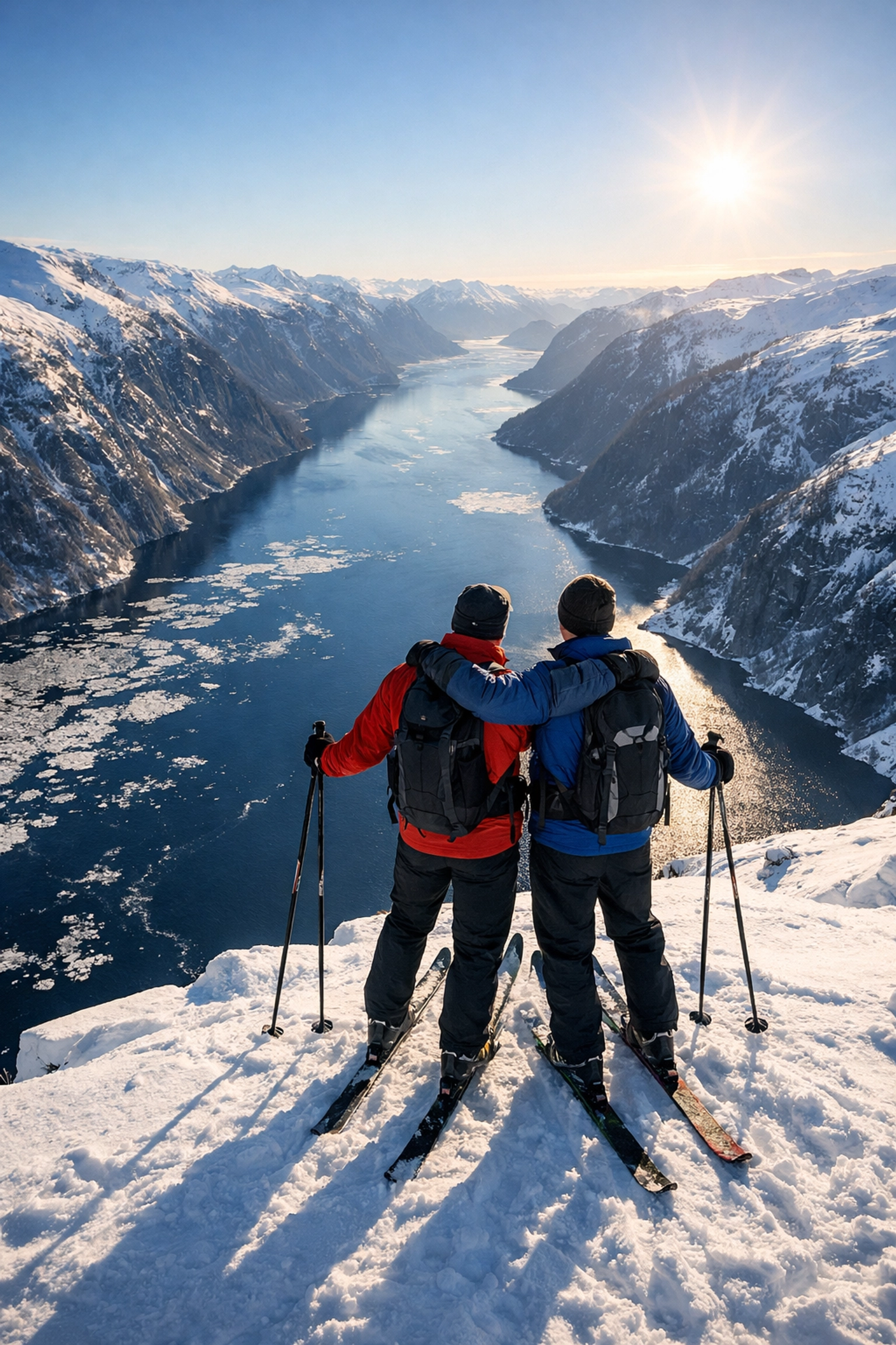 Two men enjoying a breathtaking fjord view in Norway during a romantic LGBTQ+ cross-country skiing trip.