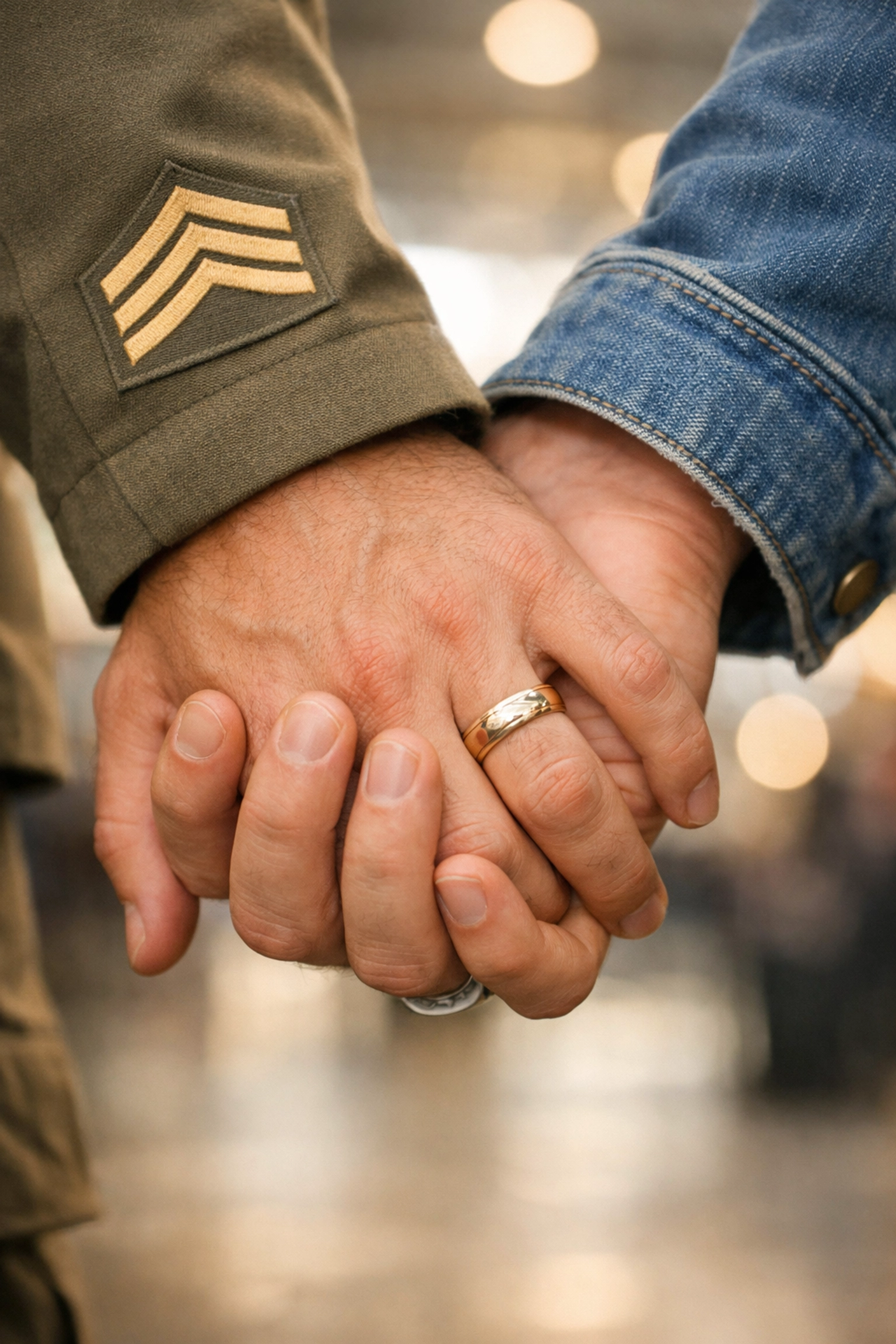 Two men holding hands showing wedding rings - gay military couple reunion at airport