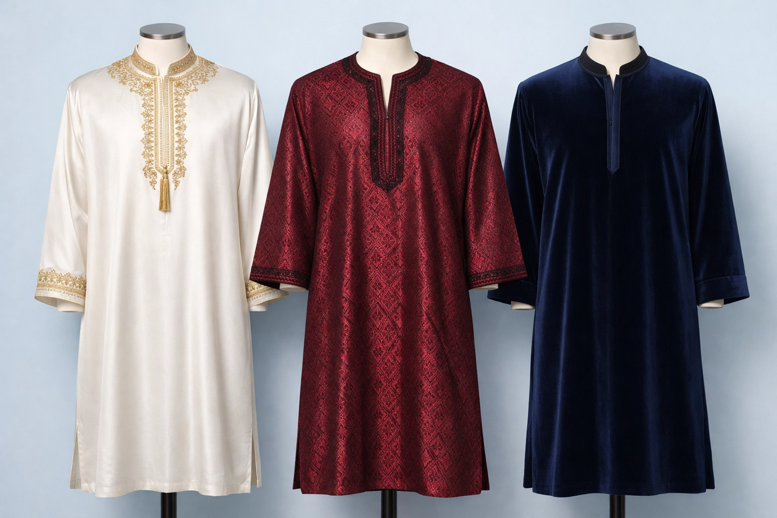 Three men's kaftans for weddings, Eid, and formal events in white, burgundy, and navy