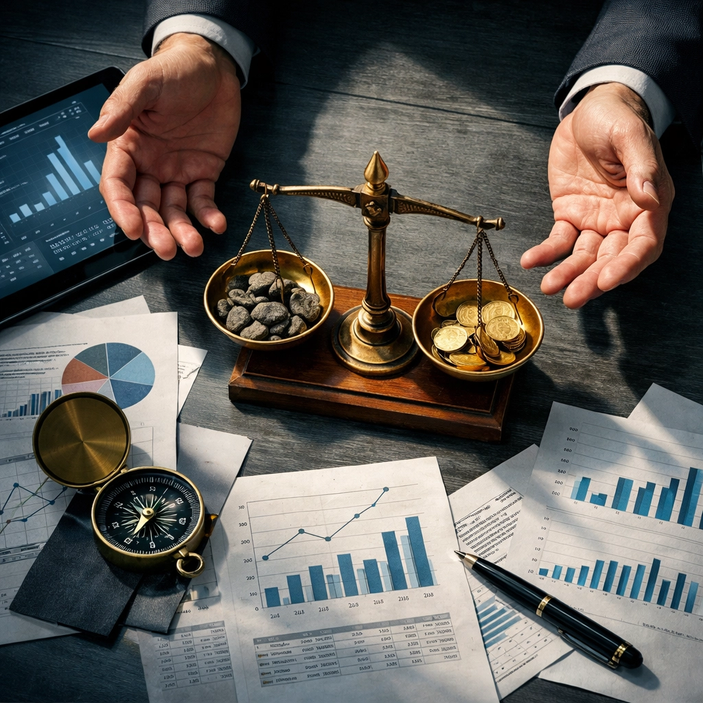 Leader weighing ethical decisions with data and compass showing complex decision-making