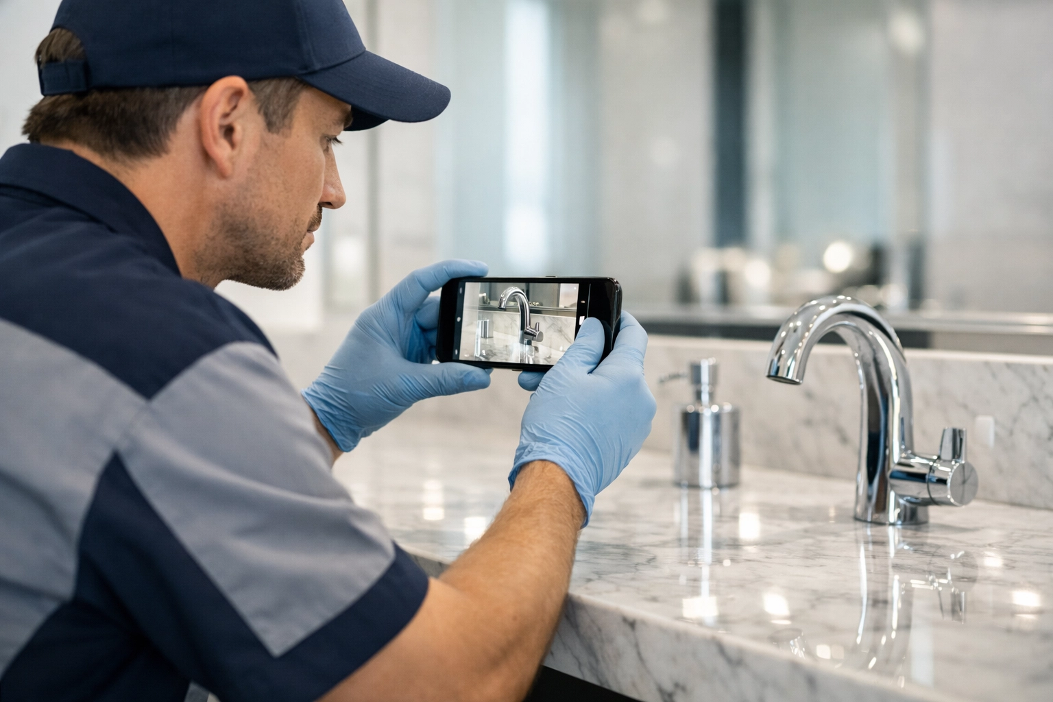 Professional cleaner taking a photo of a polished marble counter to document high cleaning standards.