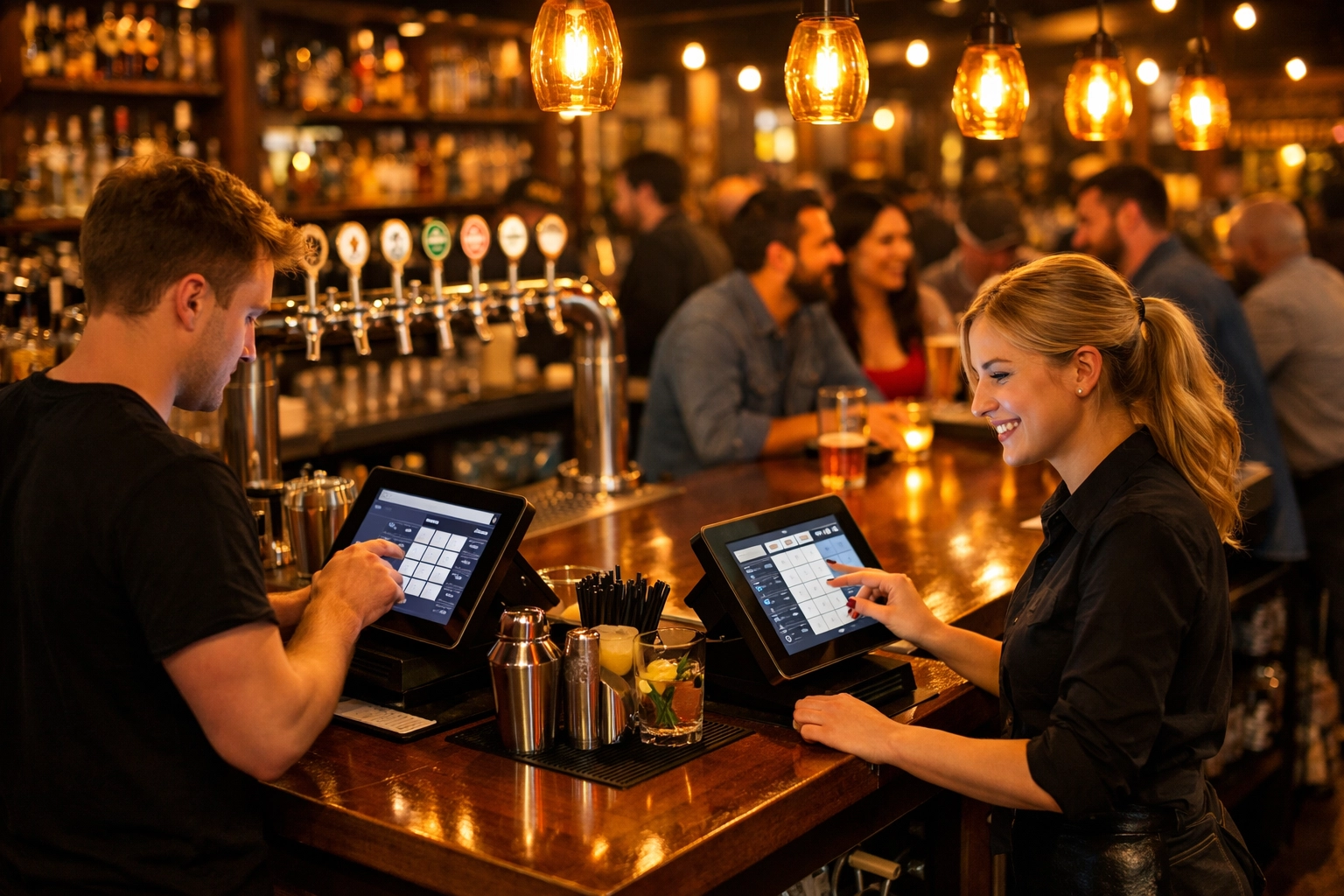 Bartenders using tablet POS systems in busy modern pub with craft beer taps