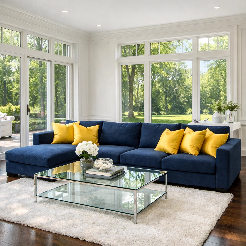 Spotless luxury living room in Carlisle, Massachusetts, after a professional weekly house cleaning service.