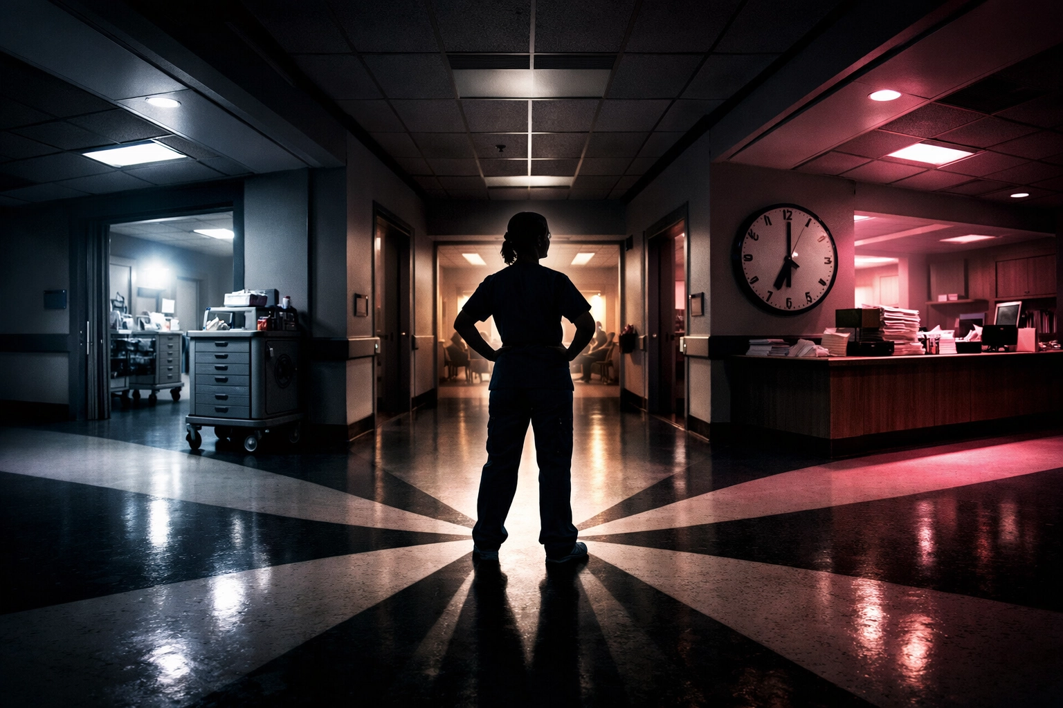 DON facing multiple responsibilities converging in nursing home hallway during staff retention crisis