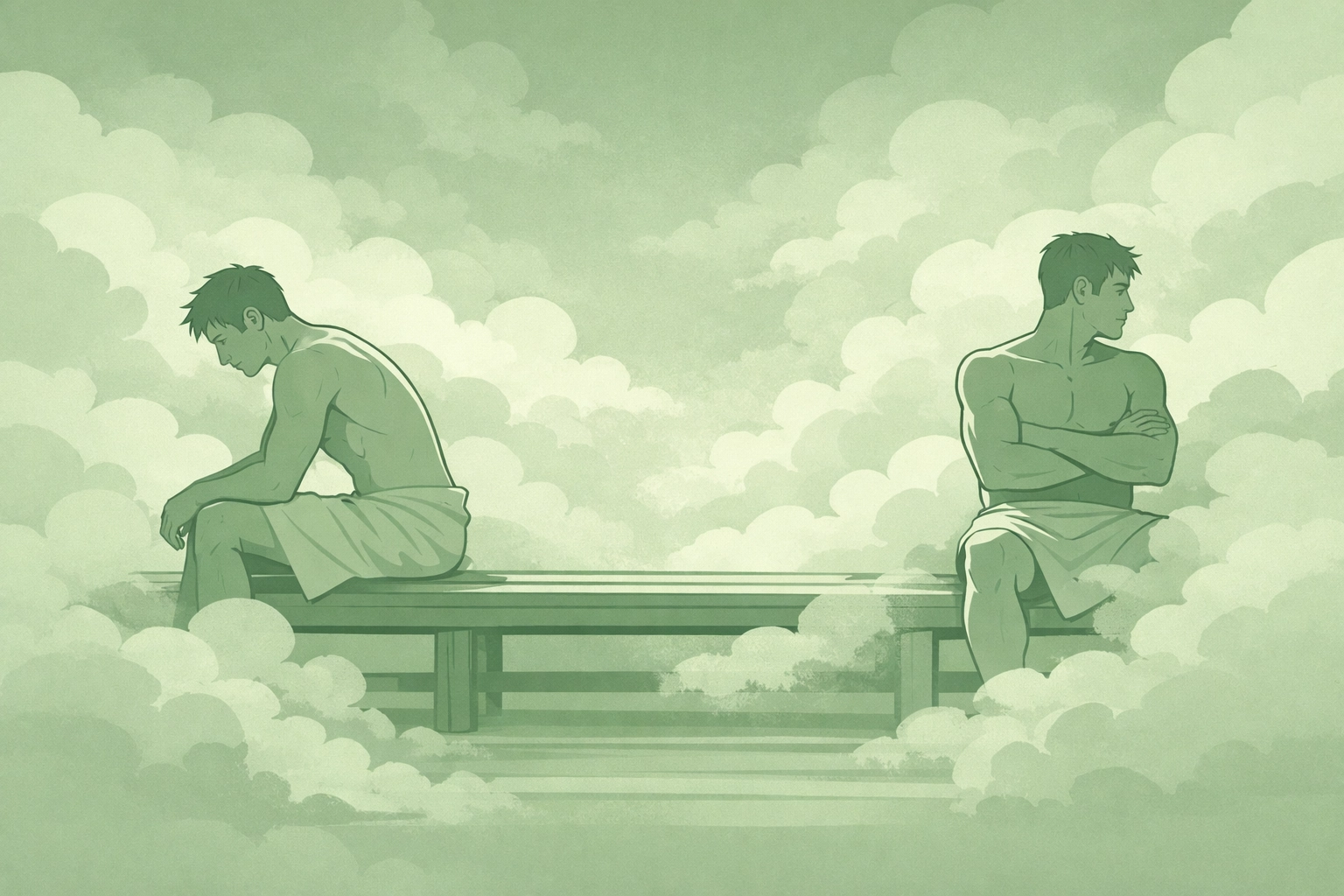 Two men in steam room communicating through body language on cedar bench