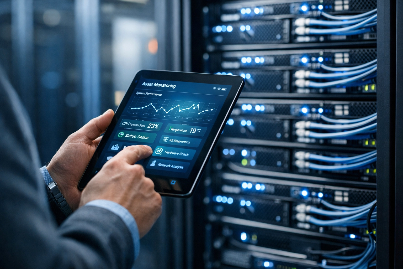 IT manager using a tablet for precise ITAM and server lifecycle automation in a data center.