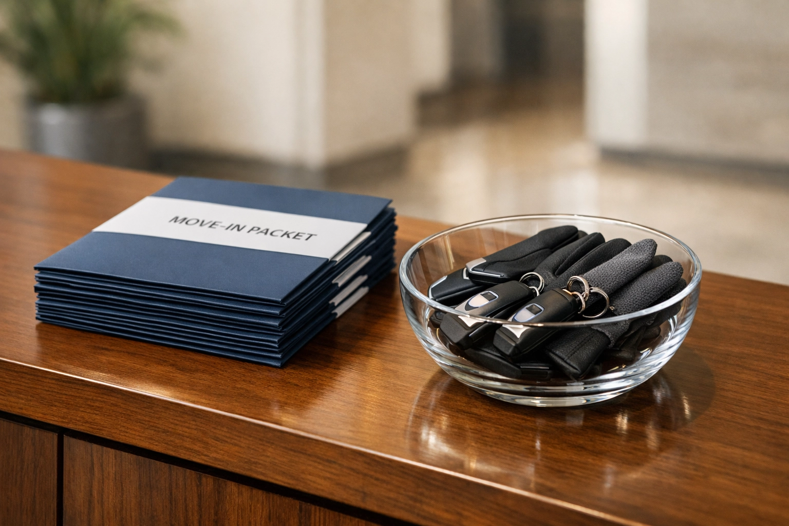 Professional move-in kits and electronic key fobs for a streamlined apartment turnover process.