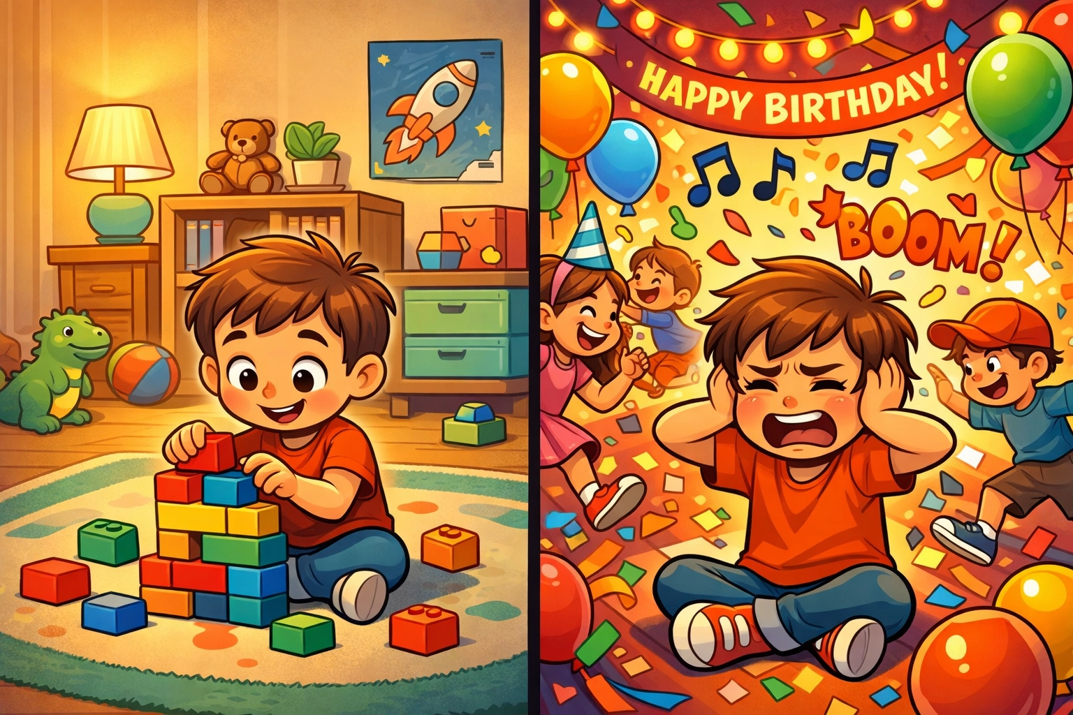 Comparison showing child calm during focused play versus overwhelmed at a loud birthday party