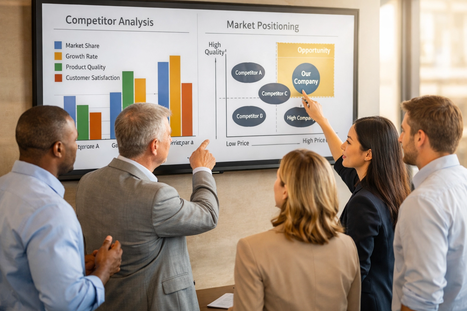 Business team analyzing competitive market positioning and growth strategy on display screen