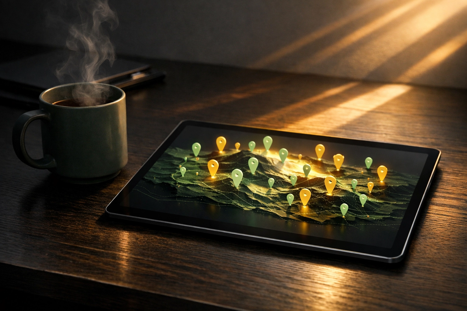 A tablet showing a cannabis business directory map with green and gold pins for local SEO visibility.