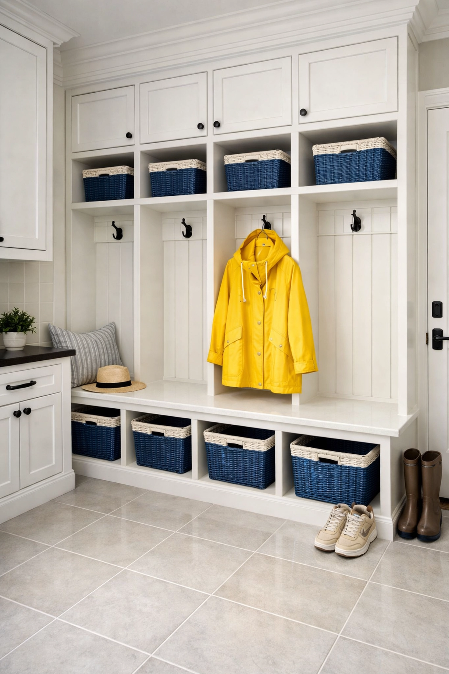 Organized mudroom with spotless tile floors, an example of high-quality weekly house cleaning Pepperell MA.