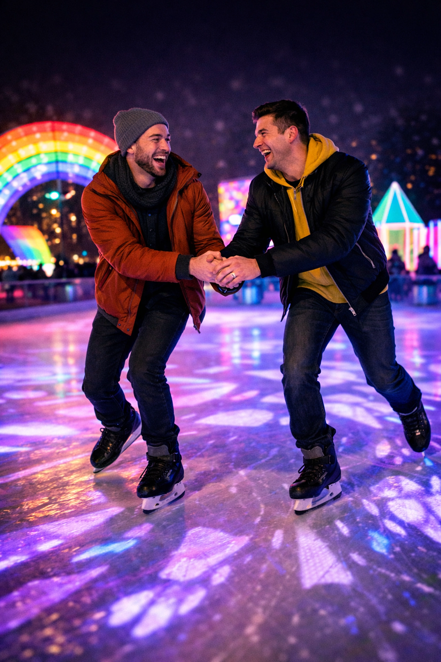 Two men ice skating at Montreal winter festival with rainbow light installations
