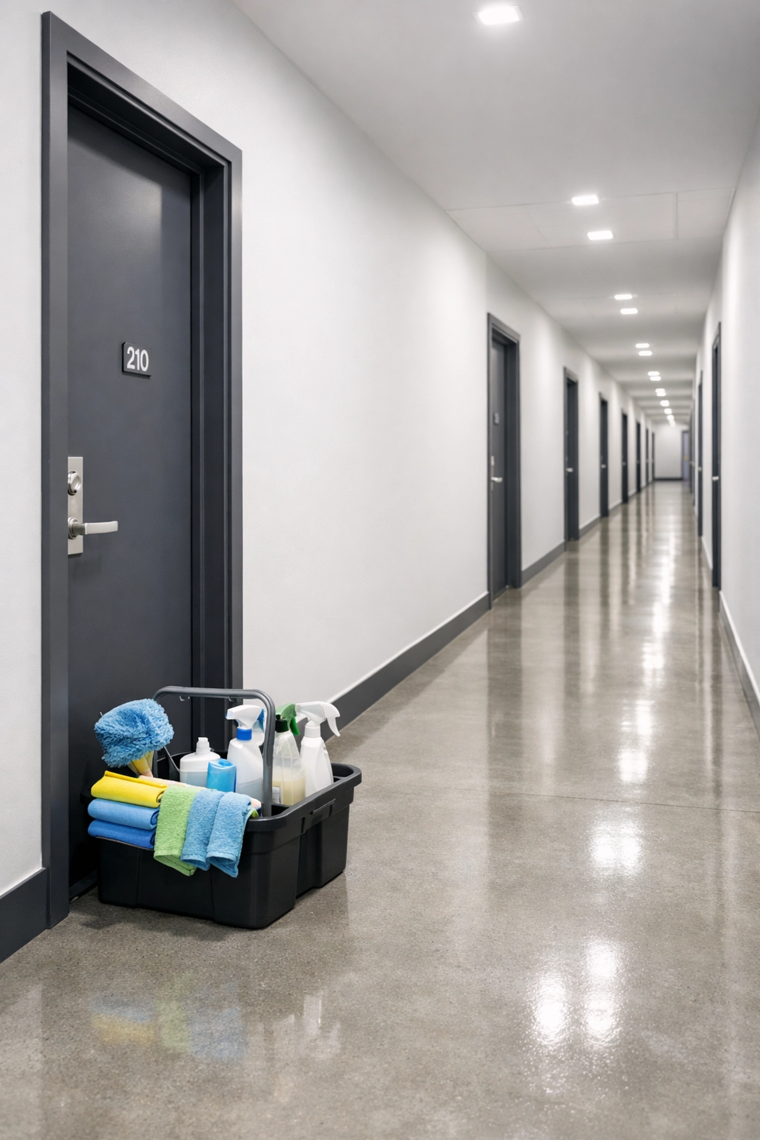 Clean multifamily apartment hallway in Indianapolis featuring a professional cleaning caddy and polished floors.