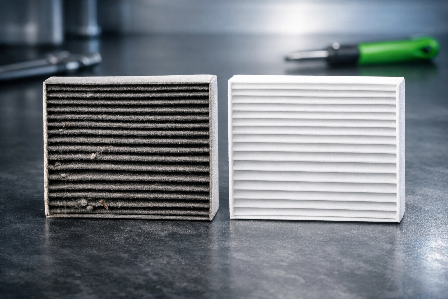 Comparison between a dirty, clogged cabin air filter and a clean replacement for better car airflow.