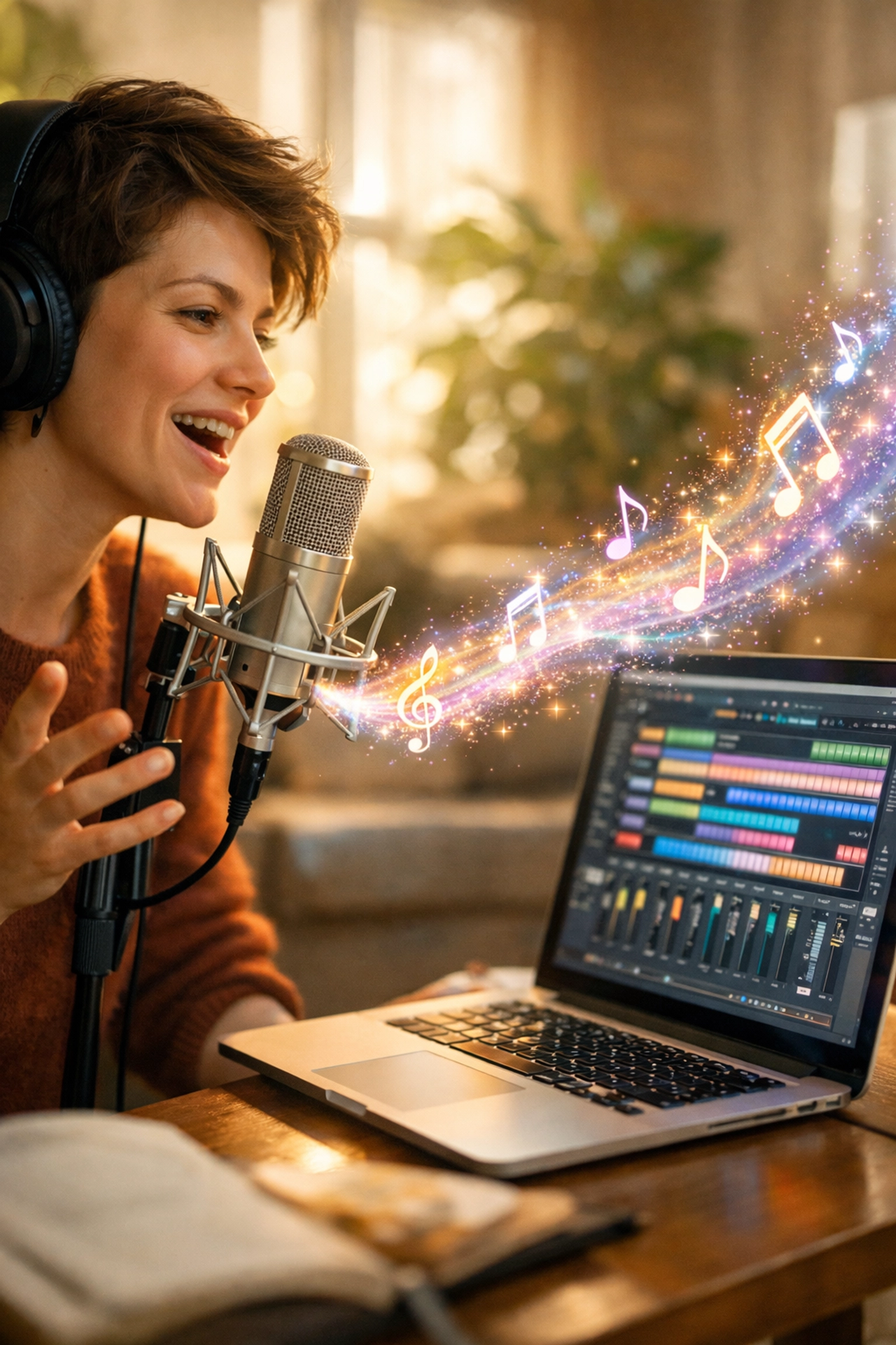 A person recording their story into a microphone to create your own song with professional digital production.