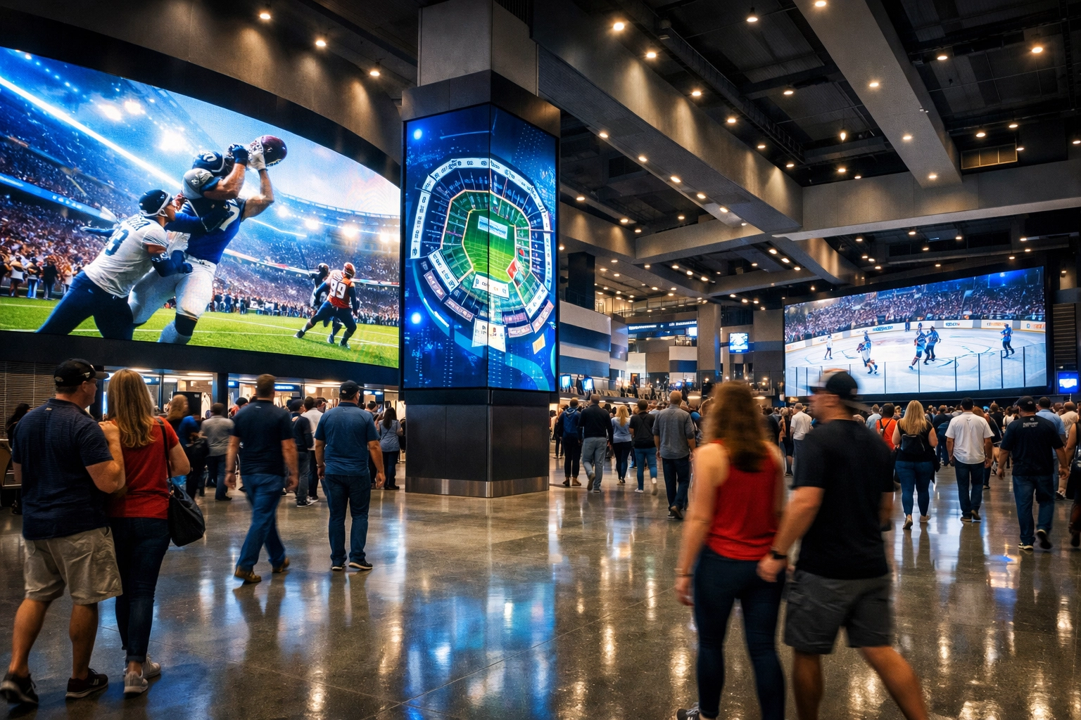 High-tech sports arena concourse featuring integrated digital signage and media solutions for fan engagement.