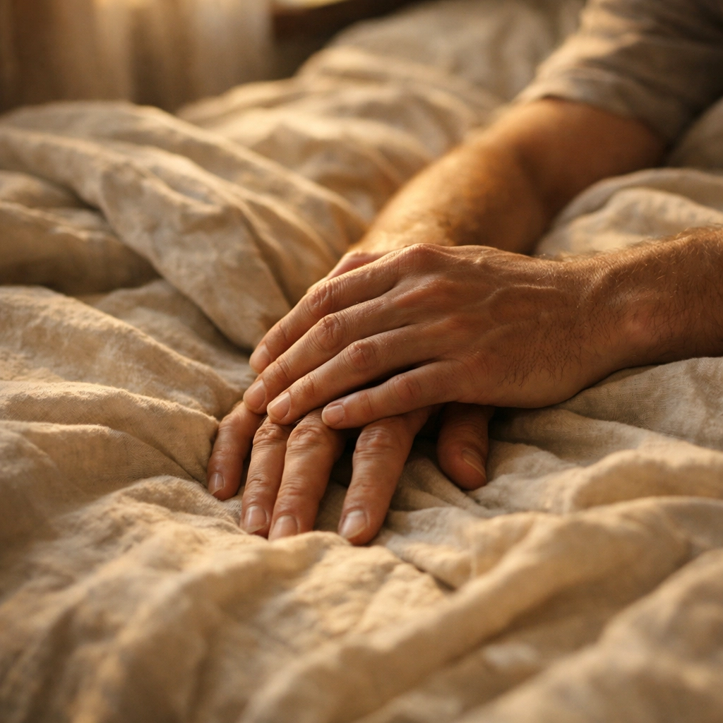 Egy férfi kezei az ágyon, a merevedési zavar fizikai és lelki okaira utalva.