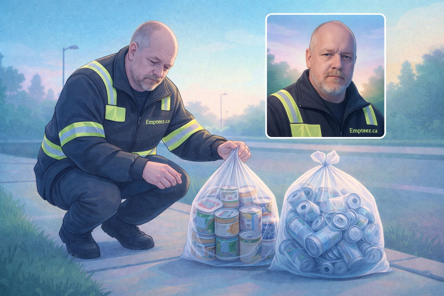 2D illustration of a person placing a clear bag of food cans beside a clear bag of empties at the curb (with a Tim “Can Man” Kemsley cameo)