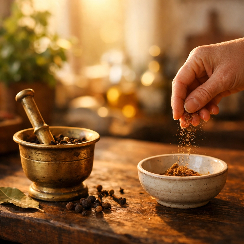 Preparing whole black pepper and cloves in a mortar to showcase farm-fresh spices from the Malabar coast.