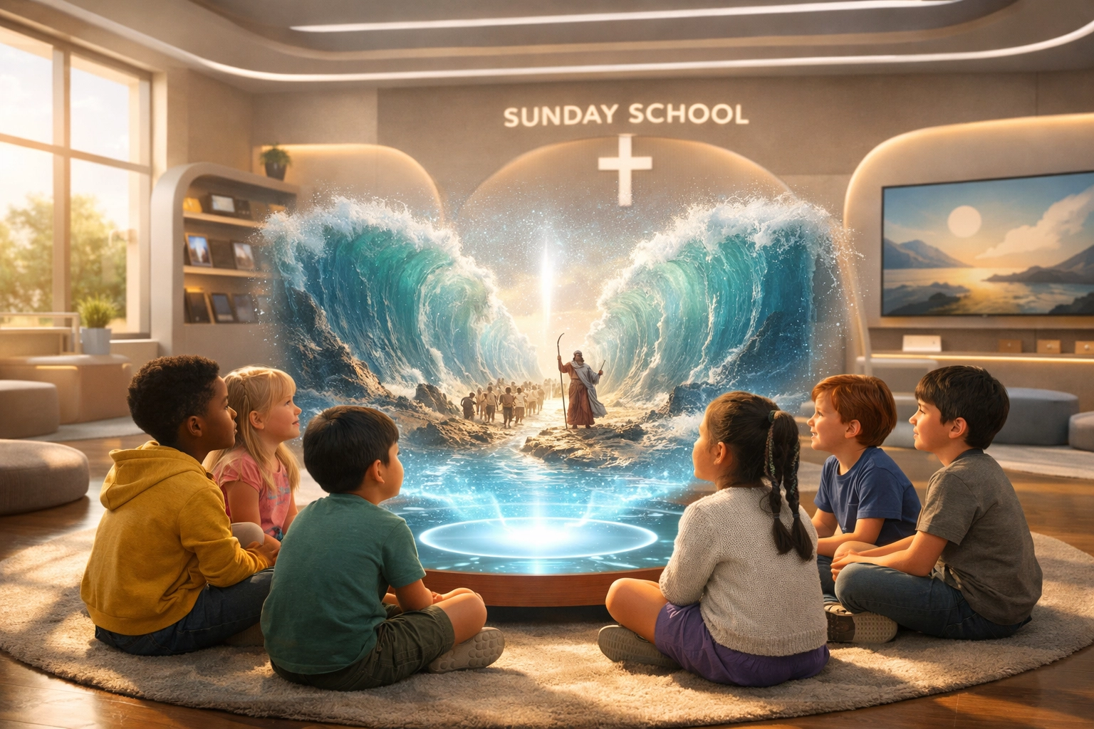 Children in a futuristic Sunday school watching a holographic Bible story of the Red Sea.