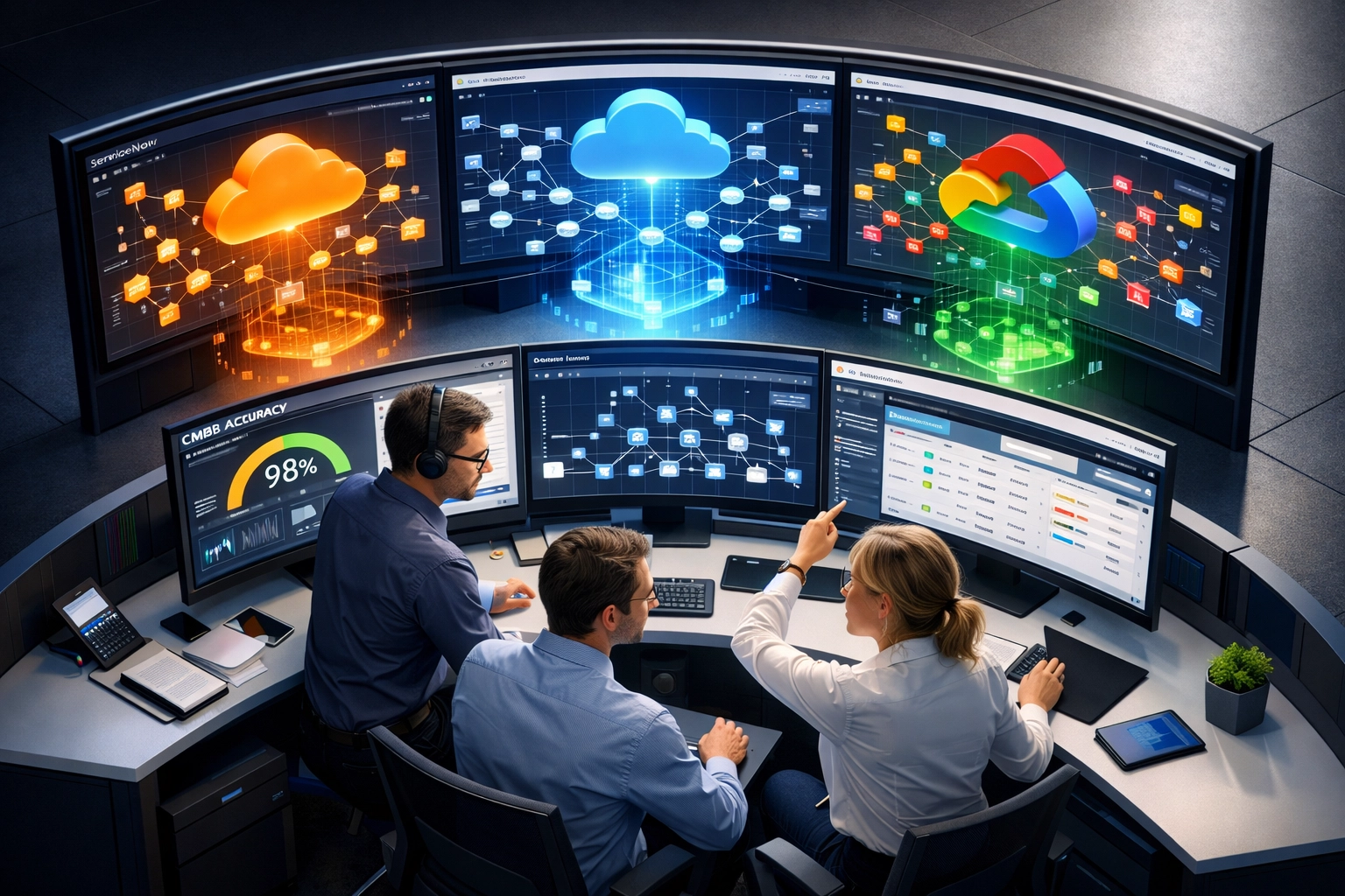 IT operations team monitoring ServiceNow ITOM Discovery across AWS, Azure, and Google Cloud platforms