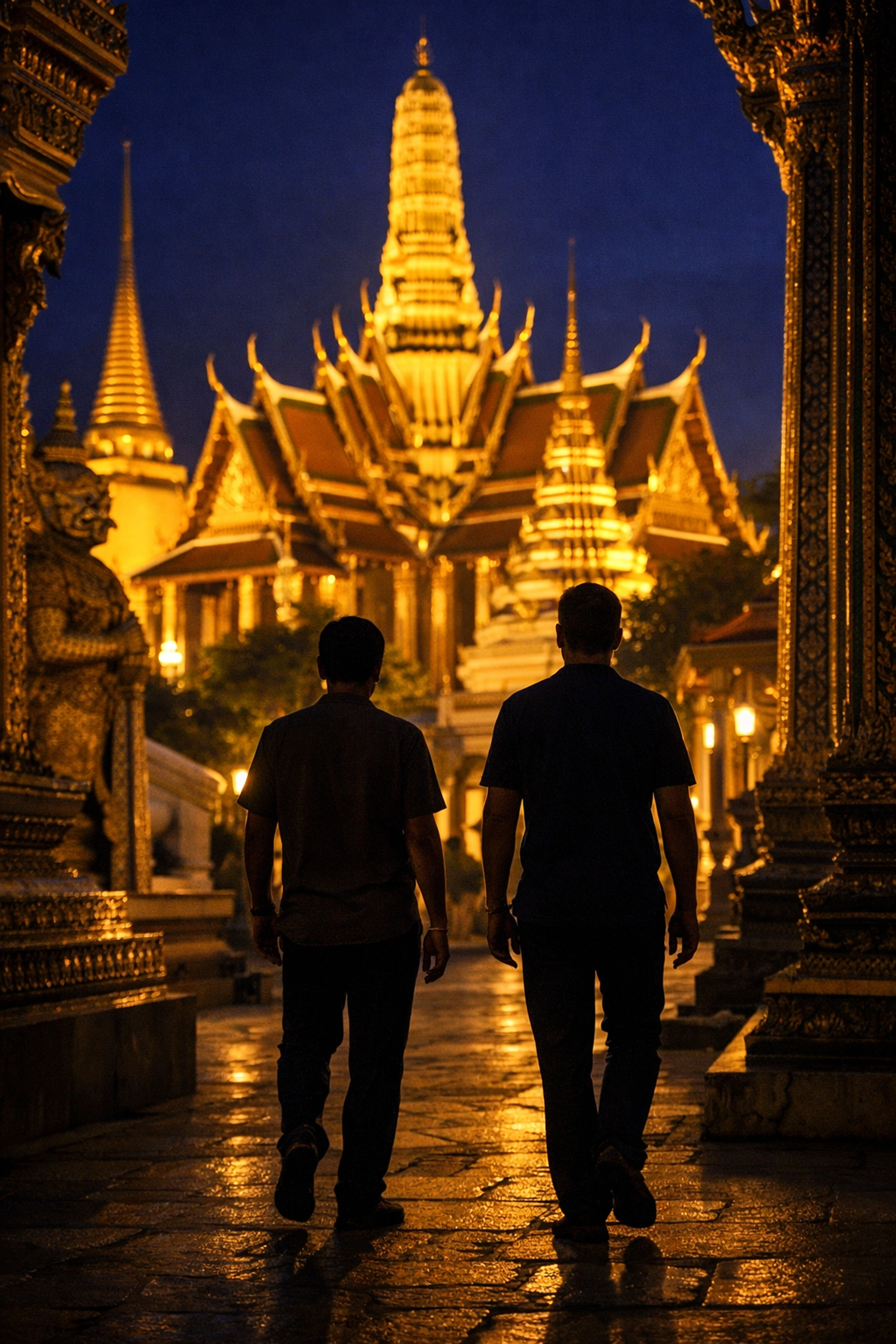 Two men walking together through illuminated Wat Phra Kaew temple grounds in Bangkok at night