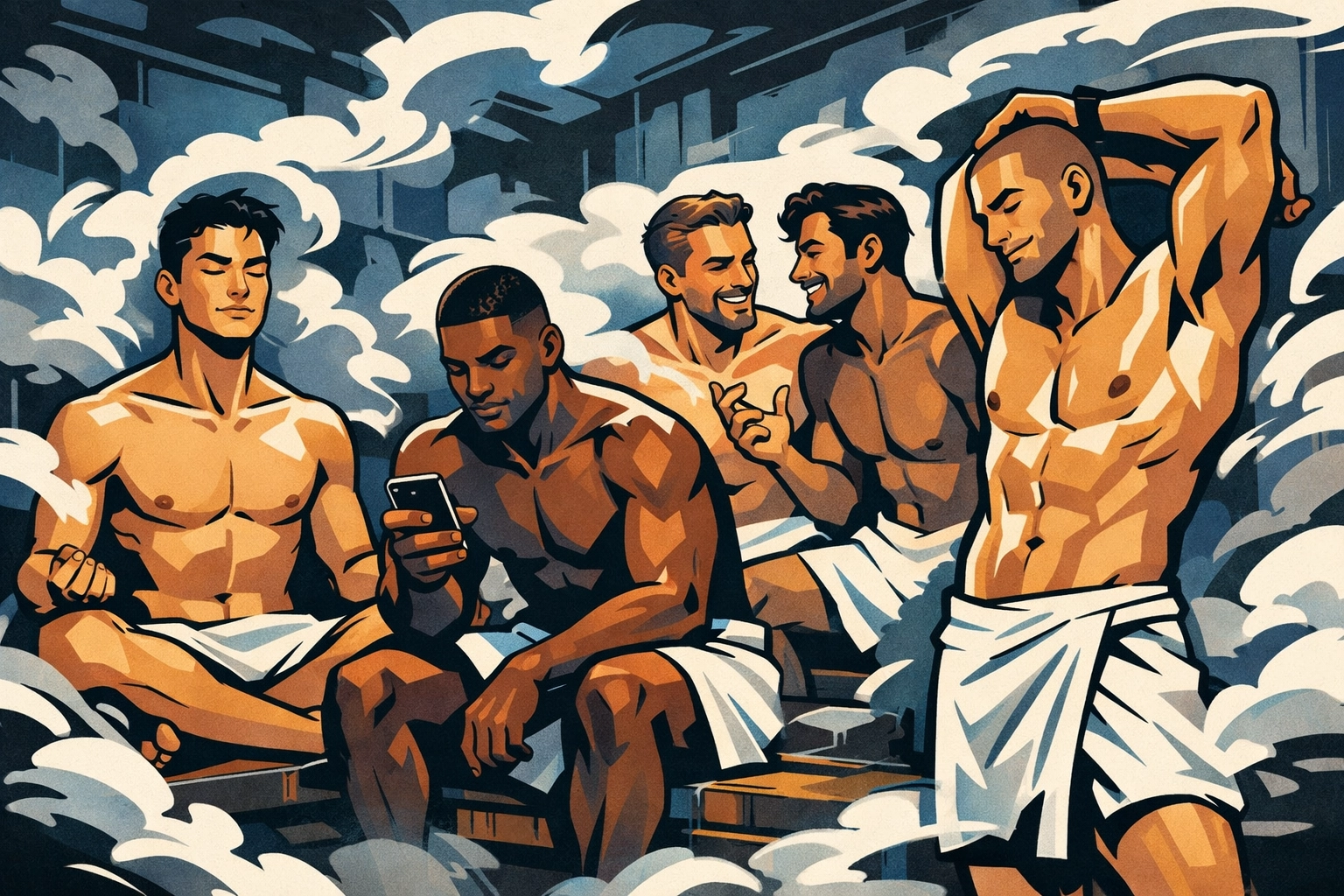 Diverse group of gay men relaxing and socializing in NYC steam room after workout