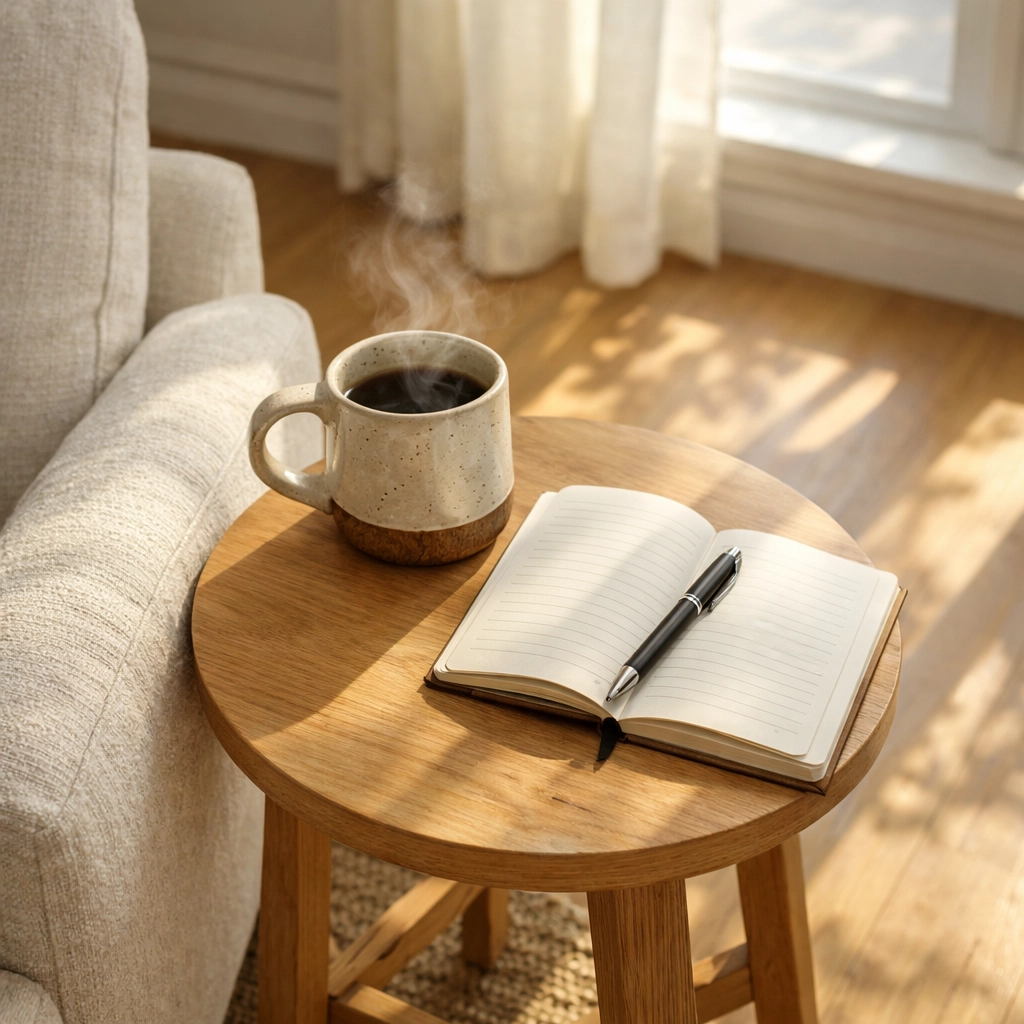 Peaceful corner with a journal and tea in a Toronto home, symbolizing postpartum doula support.