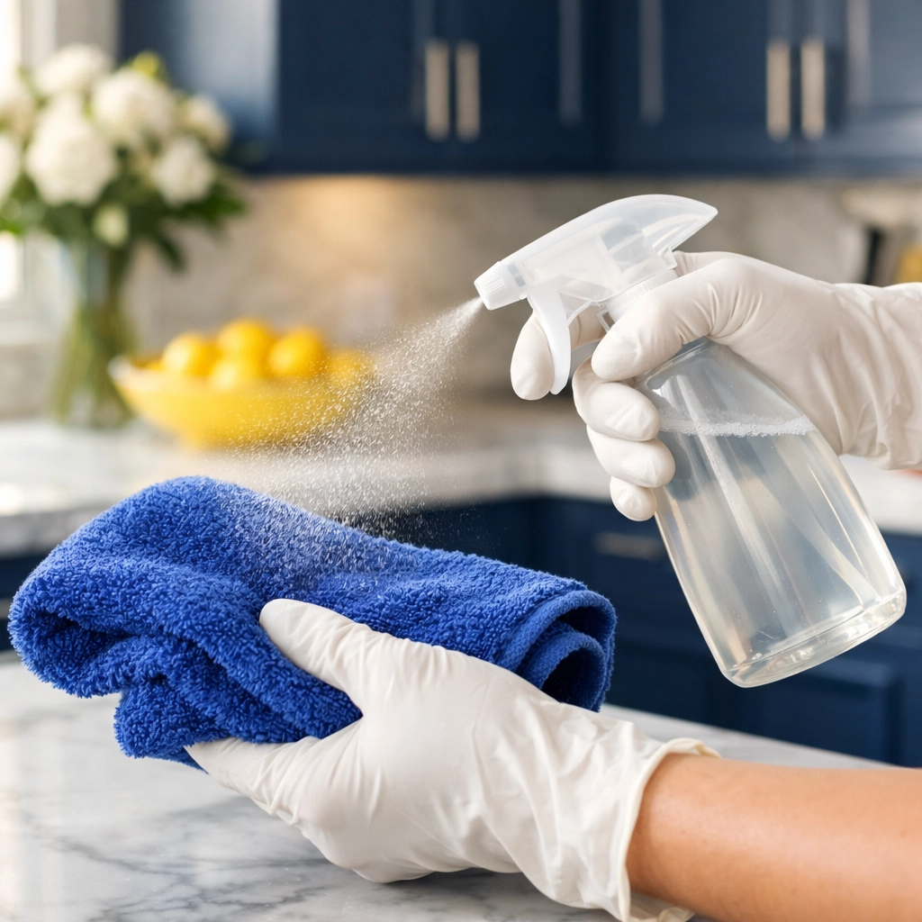 Professional cleaner spraying solution onto a microfiber cloth for house cleaning in Lowell MA.
