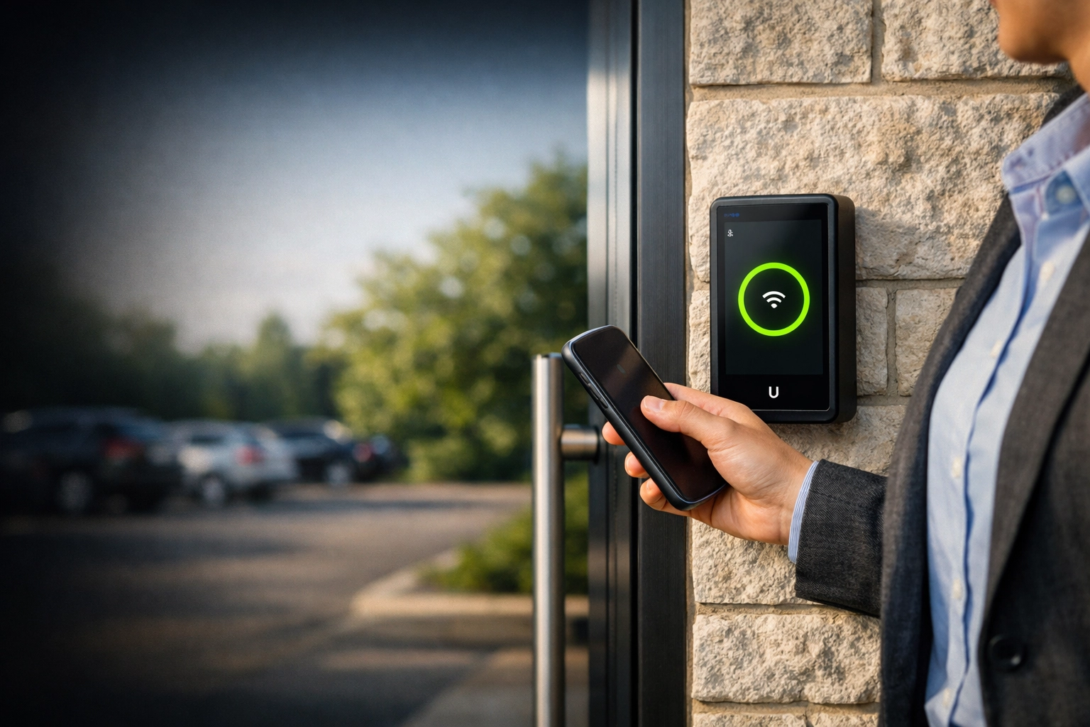 A person using mobile tap entry on a UniFi G2 Pro reader at a professional Midwest business entrance.