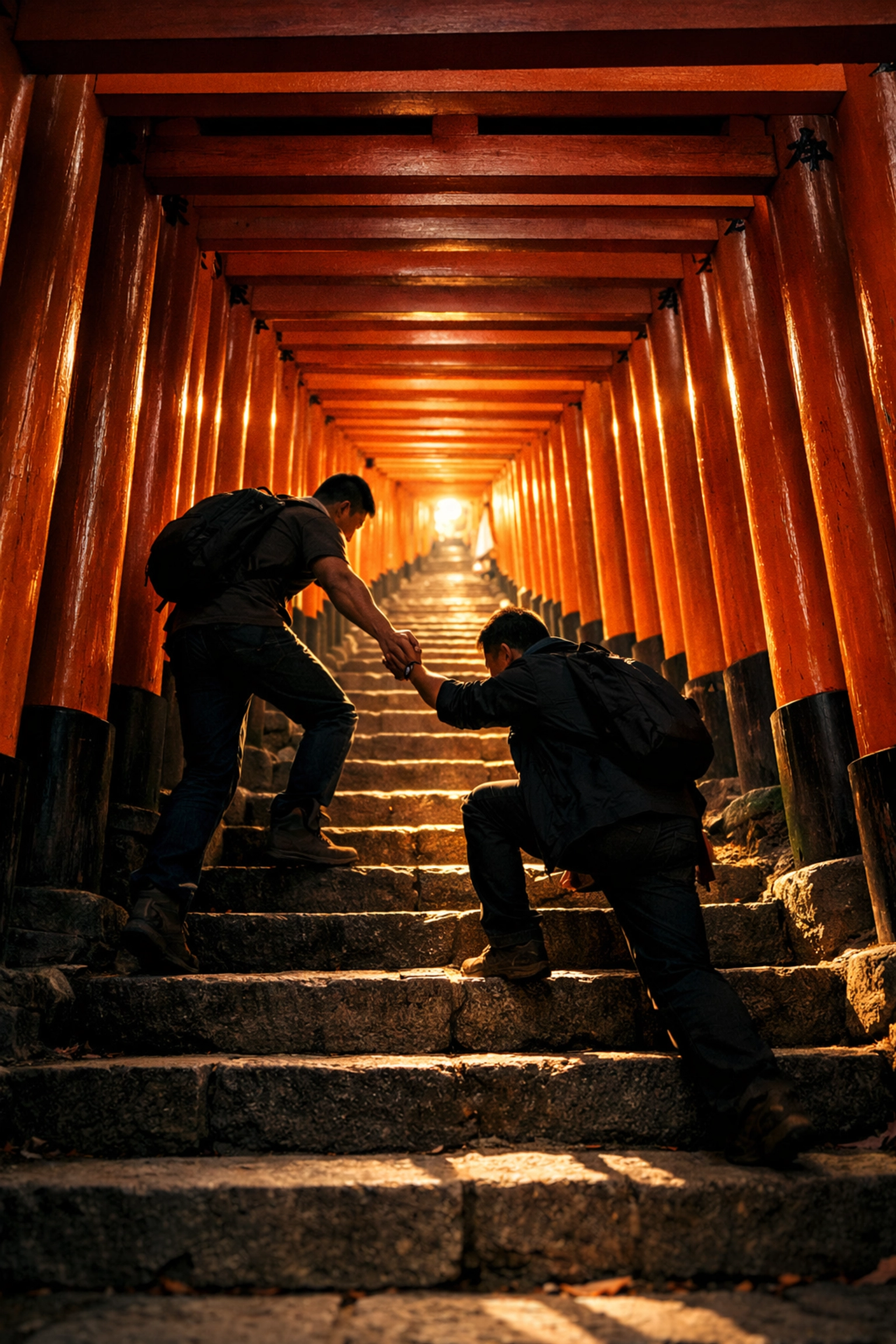 Two men climbing together through Fushimi Inari's iconic orange torii gates in Kyoto