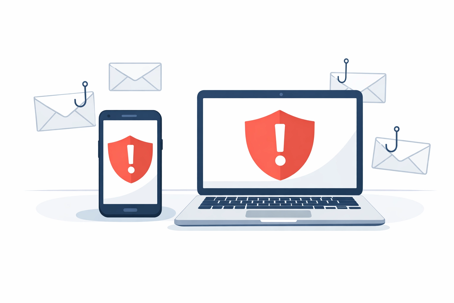 Phishing email and text message warning symbols on business devices